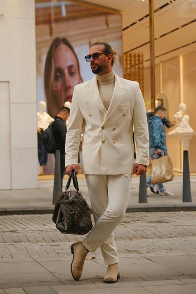 İtalyan Style&Oversize Ekru %100 Pamuk Kadife Kumaş Özel Tasarım Takım Elbise