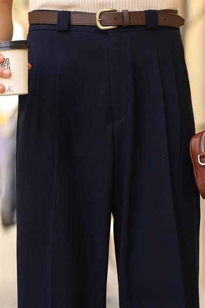 Premium Kalite Lacivert Çift Pileli Yüksek Bel Kalın Köprü Detay Baggy Fit Pantolon