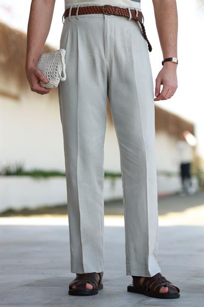 1. Kalite Çift Köprü Açık Gri Keten Pantolon
