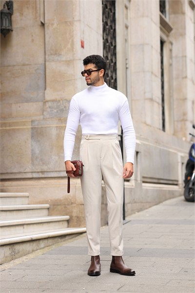 Premium Kalite Bej %100 Pamuk Kadife Kumaş Çift Pile Ve Kemerli İtalyan Style Pantolon