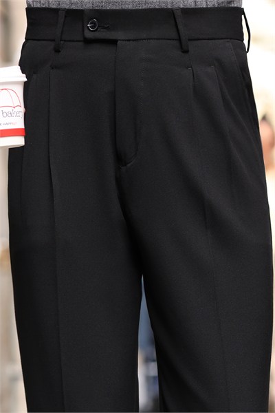 1.Kalite Siyah Tek Düğme Detay Çift Pileli Casual  Baggy Pantolon