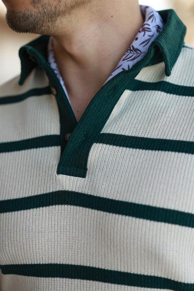 Premium Kalite Zümrüt Yeşili Şerit Detay %70 Pamuk %30 Keten Relax Fit Triko