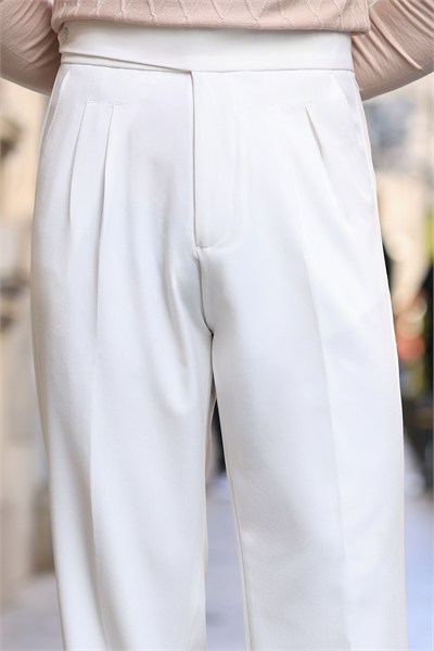 Premium Kalite Ekru Yandan Kemer Detay Double Paça Baggy Pantolon