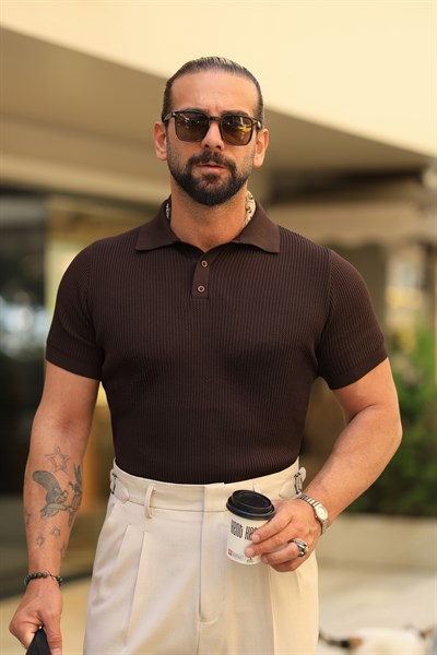 Premium Kalite Kahverengi Dokulu Polo Yaka Triko