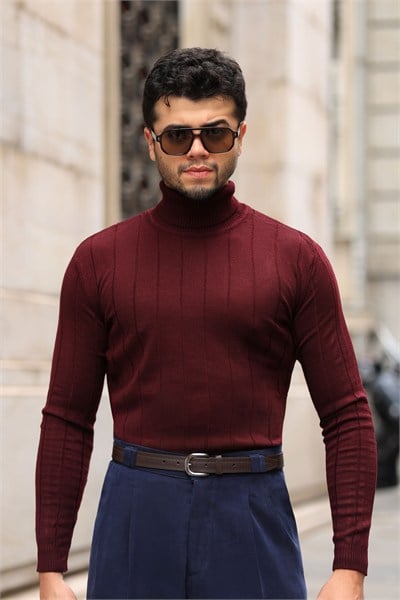 %100 Pamuk Bordo Geniş Dikey Çizgi Detay Boğazlı Triko