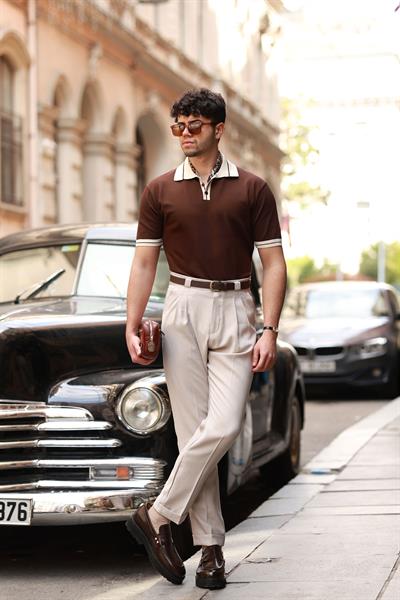 Premium Kalite Bej Kalın Köprü Detay %100 Pamuk Tensel Pantolon