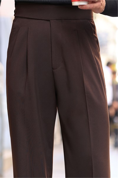 Premium Kalite Kahverengi Yandan Kemer Detay Double Paça Baggy Pantolon