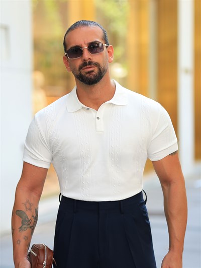 Premium Kalite Örgü ve Düğme Detay Ekru Regular Fit Triko