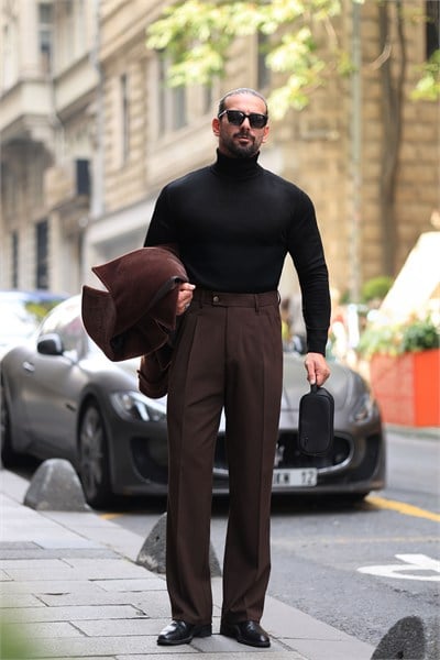 1.Kalite Kahverengi Tek Düğme Detay Çift Pileli Casual  Baggy Pantolon