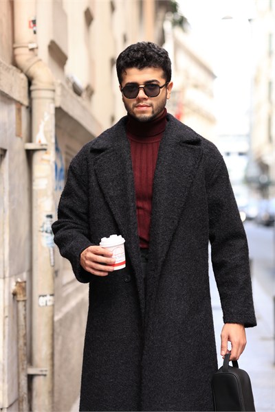 Premium Kalite Siyah %60 Yün %40 Pamuk Oversize Tek Düğme Detay Kaban