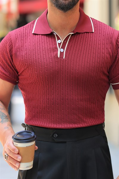 İtalyan Yaka Mürdüm Jakarlı Düğme Detay Regular Fit Triko