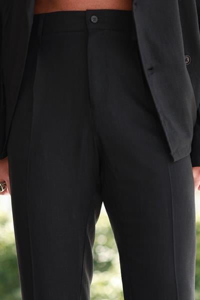 Premium Kalite Siyah %70 Saf Keten %30 Pamuk Regular Fit Kruvaze Takım