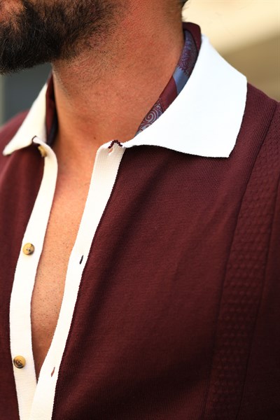 Premium Kalite İtalyan Stil Düğmeli Bordo Regular Fit Triko