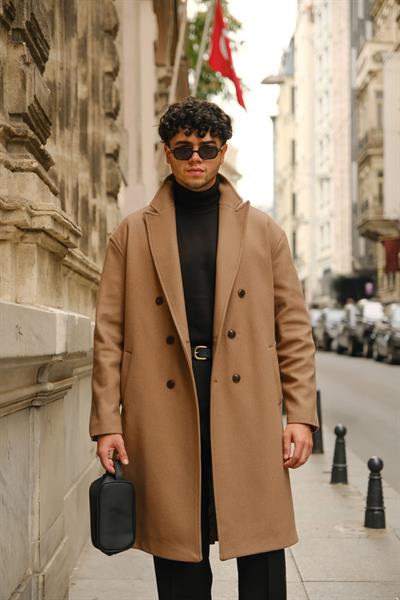 Premium Kalite Camel Özel Dikim Oversize Kaşe Kaban