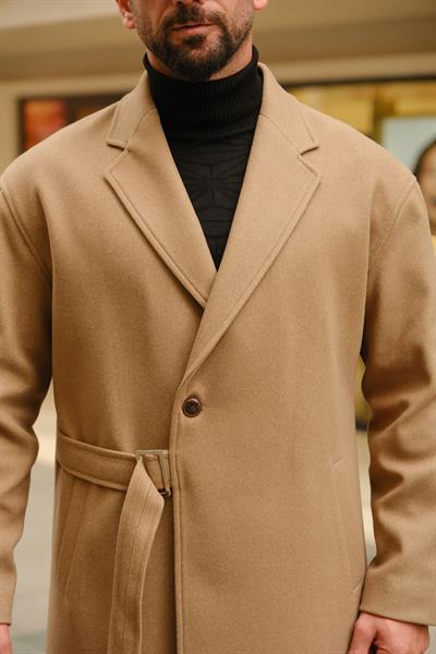 Premium Kalite Koyu Bej %90 Pamuk %10 Cashmere Oversize Kemer Detaylı Özel Tasarım Kaban