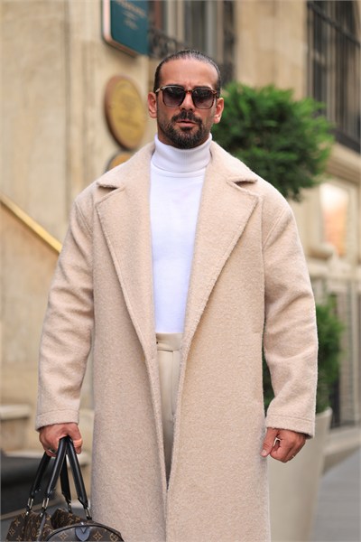 Premium Bej Rengi %60 Yün %40 Pamuk Oversize Tek Düğme Detay Kaban
