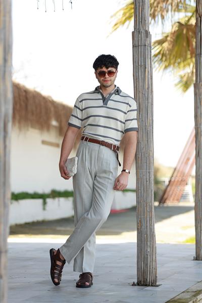 1. Kalite Çift Köprü Açık Gri Keten Pantolon