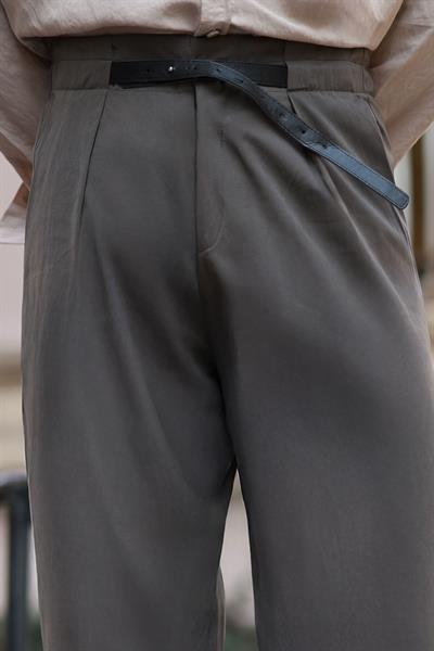 Premium Kalite Deri kemer Detaylı Haki Casual Boyfriend Yüksek Bel Pantolon