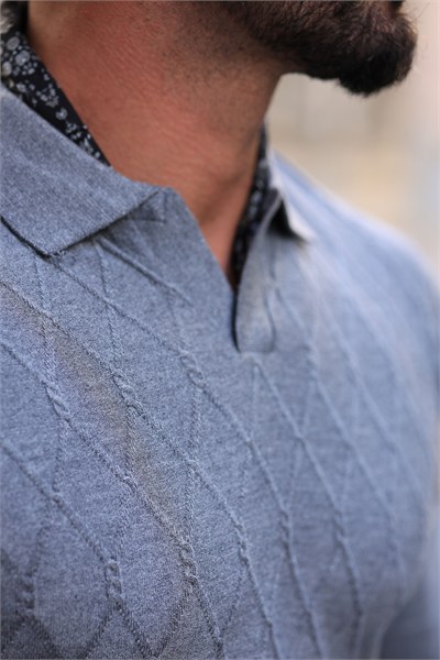 %100 Pamuk Antrasit Diamond Mesh İtalyan Yaka Triko