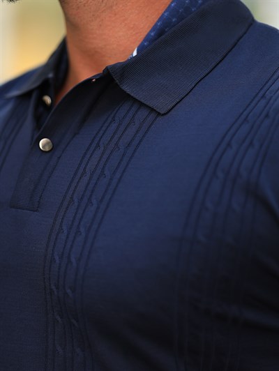 Premium Kalite Örgü ve Düğme Detay Lacivert Regular Fit Triko