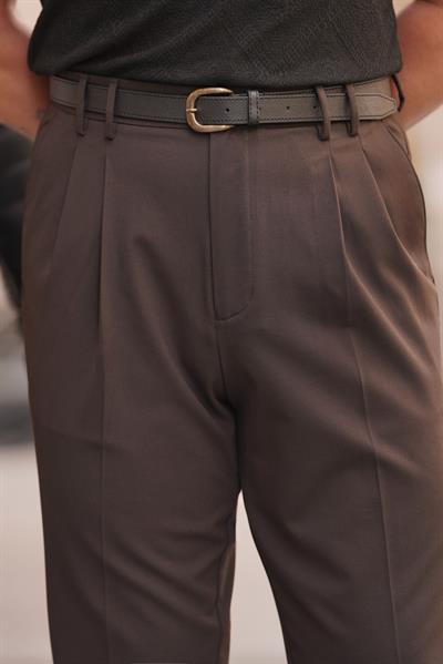 Premium Kalite Kahverengi İtalyan Kalıp Çift Köprü Çift Pile Detay Yüksek Bel Pantolon