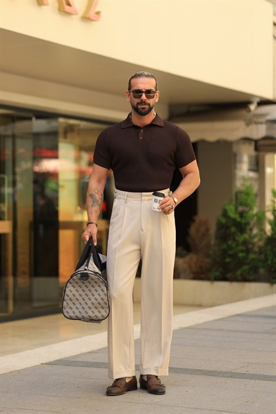 1. Kalite Bej Çift Pileli Yüksek Bel Yandan Kanca Detay Pantolon