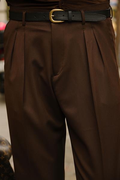 Premium Kalite Kahverengi İtalyan Style Double Paça Detay Yüksek Bel Pantolon