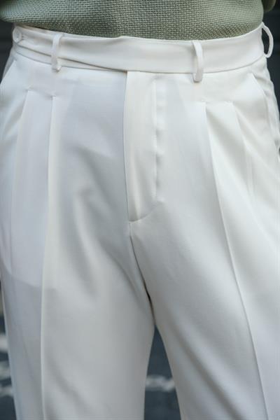 1.Kalite Ekru Çift Pileli Kemer Detaylı Casual Baggy Pantolon