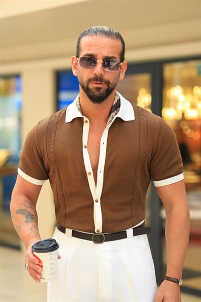 Premium Kalite İtalyan Stil Düğmeli Kahverengi Regular Fit Triko