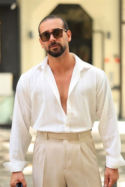 Premium Kalite %70 Pamuk %30 Keten Ekru Şerit Detaylı Jakarlı Relax Gömlek