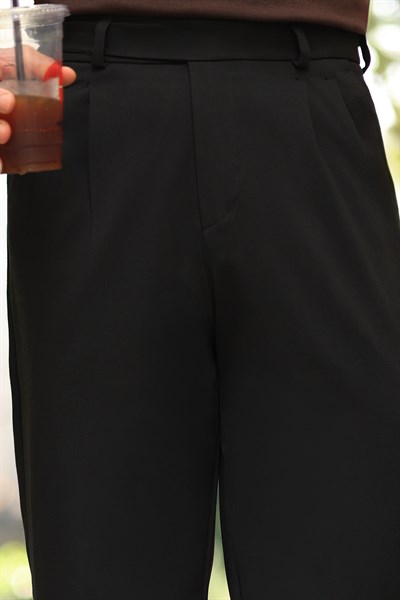 1.Kalite Siyah Çift Pileli Kemer Detaylı Casual Baggy Pantolon