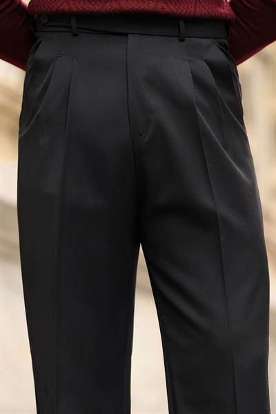 1.Kalite Siyah Çift Pileli Kemer Detaylı Casual Baggy Pantolon