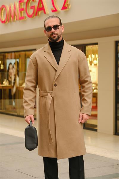 Premium Kalite Koyu Bej %90 Pamuk %10 Cashmere Oversize Kemer Detaylı Özel Tasarım Kaban
