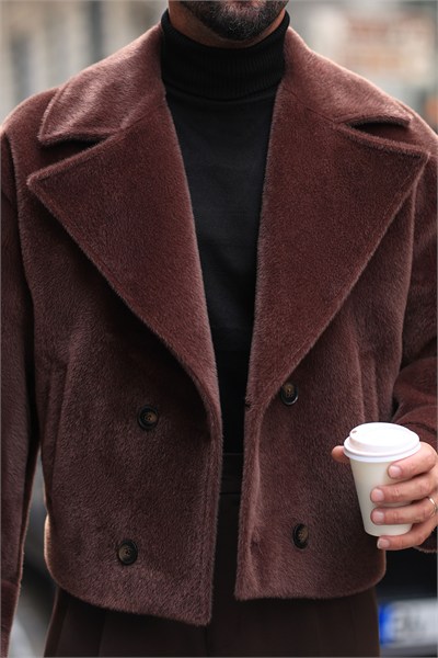 Premium Kalite Kahverengi Oversize Kruvaze Krop Fox Ceket