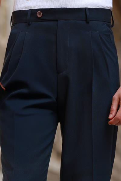 1. Kalite Lacivert İtalyan Style Çift Pileli Tek Düğme Detay Yüksek Bel Pantolon