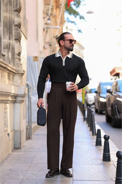 Premium Kalite Kahverengi Yandan Kemer Detay Double Paça Baggy Pantolon