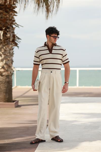 Premium Kalite Bej %70 Saf Keten %30 Pamuk Çift Pileli Baggy Pantolon