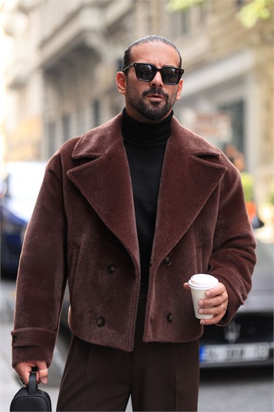 Premium Kalite Kahverengi Oversize Kruvaze Krop Fox Ceket
