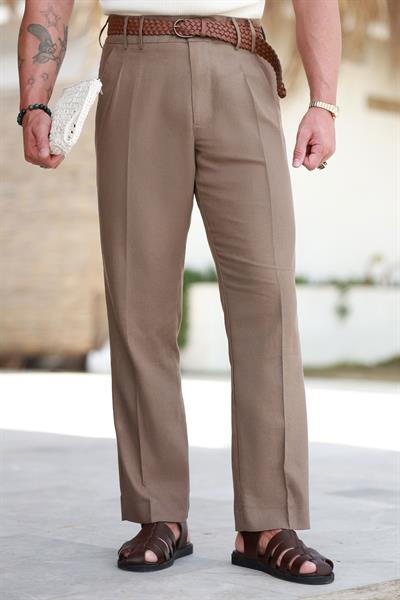 1. Kalite Çift Köprü Kahverengi Keten Pantolon