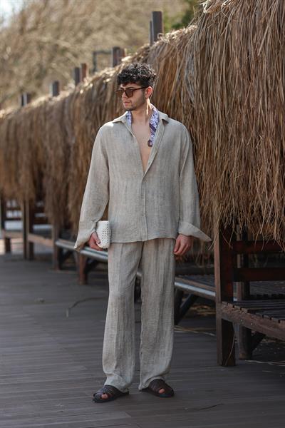 Premium Kalite Bej %70 Saf Keten %30 Pamuk Oversize Keten Takım