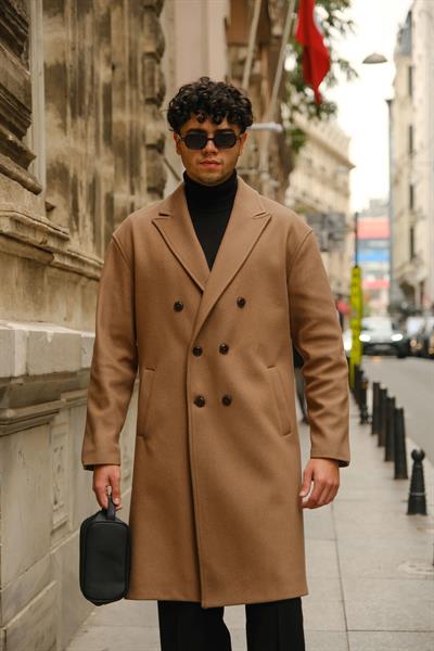 Premium Kalite Camel Özel Dikim Oversize Kaşe Kaban