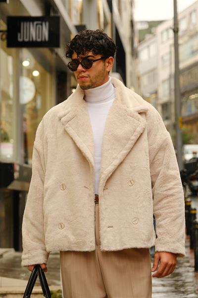 Premium Kalite Oversize Bej Rengi Tavşan Tüyü Astarlı Kruvaze Ceket