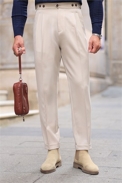 Premium Kalite Bej Rengi Tailor Style İtalyan Kalıp 5 Düğme Detay Pantolon
