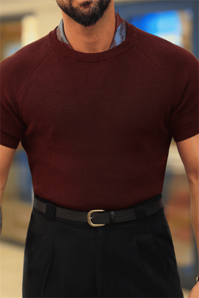 %100 Saf Pamuk Bisiklet Yaka Bordo Regular Fit Triko