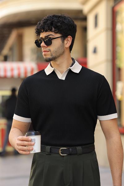1.Kalite İtalyan Yaka %70 Pamuk %30 Viskon Casual Siyah Dokuma Triko