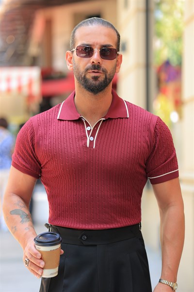 İtalyan Yaka Mürdüm Jakarlı Düğme Detay Regular Fit Triko