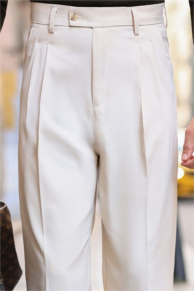 1.Kalite Bej Rengi Tek Düğme Detay Çift Pileli Casual  Baggy Pantolon