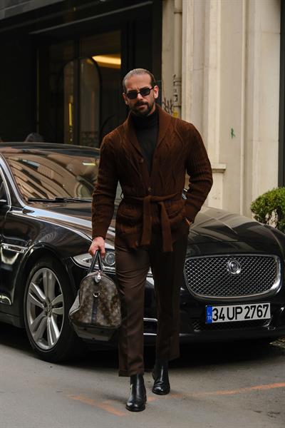 Premium Kalite Kahverengi Özel İtalyan Style Tasarım %70 Pamuk %30 Yün Kuşaklı Örme Ceket