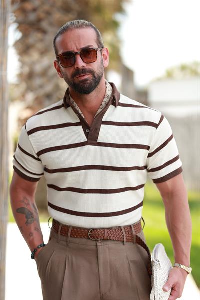 Premium Kalite Kahverengi Şerit Detay %70 Pamuk %30 Keten Relax Fit Triko