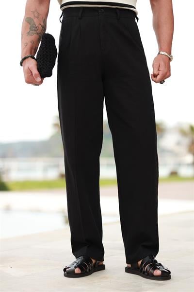 Premium Kalite Siyah %70 Saf Keten %30 Pamuk Çift Pileli Baggy Pantolon